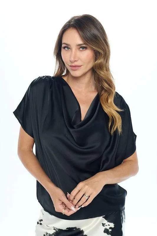 Black Satin Cowl Neck Short Sleeve Top