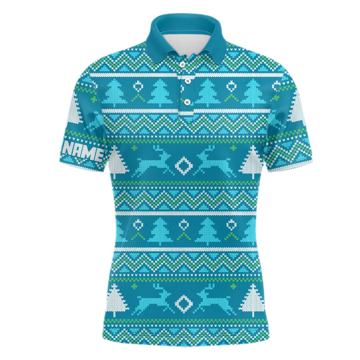 Blue Knitted Christmas Trees Mens Golf Polo Shirt Personalized Winter Xmas Golf Outfits For Men