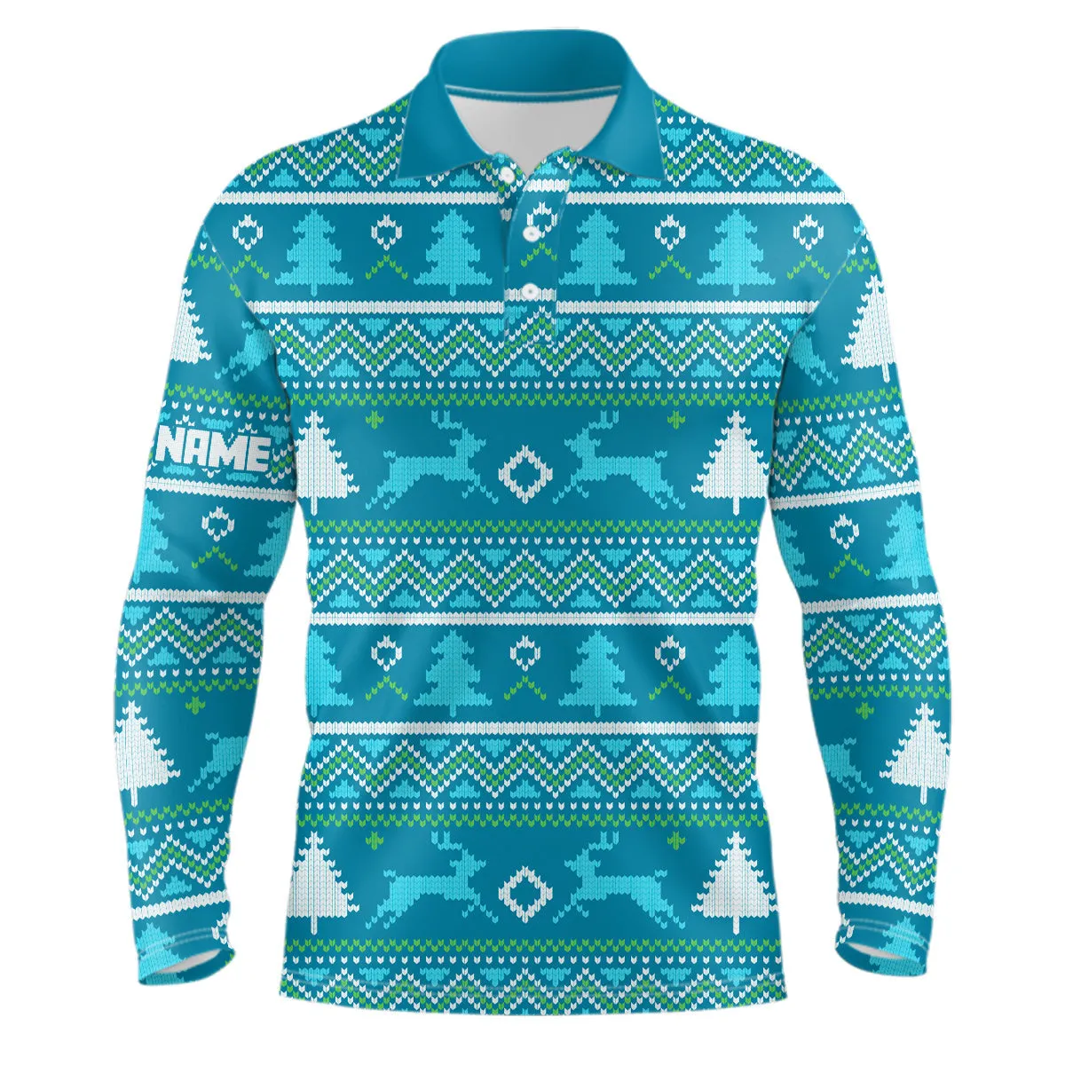 Blue Knitted Christmas Trees Mens Golf Polo Shirt Personalized Winter Xmas Golf Outfits For Men