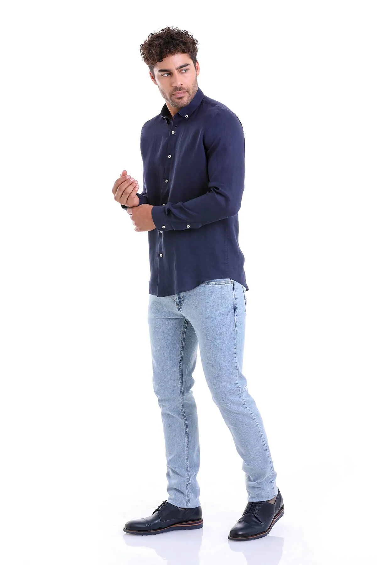 Comfort Fit Long Sleeve Plain Linen Casual Shirt, Navy