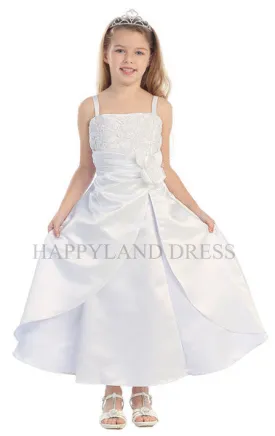 D4262 White Satin Flower Detail Pressed Dress (White Only)