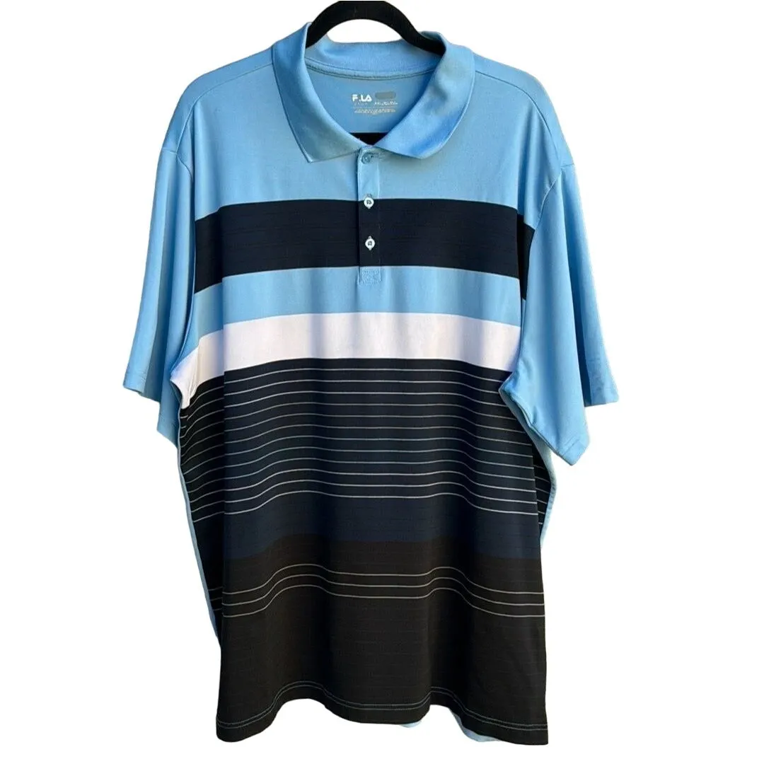 Fila Sport Men's Blue Black Golf Polo Collar Striped Performance Shirt - XXL