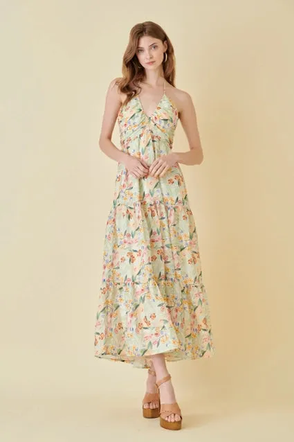 Fore- Watercolor Halter Floral Maxi Sundress