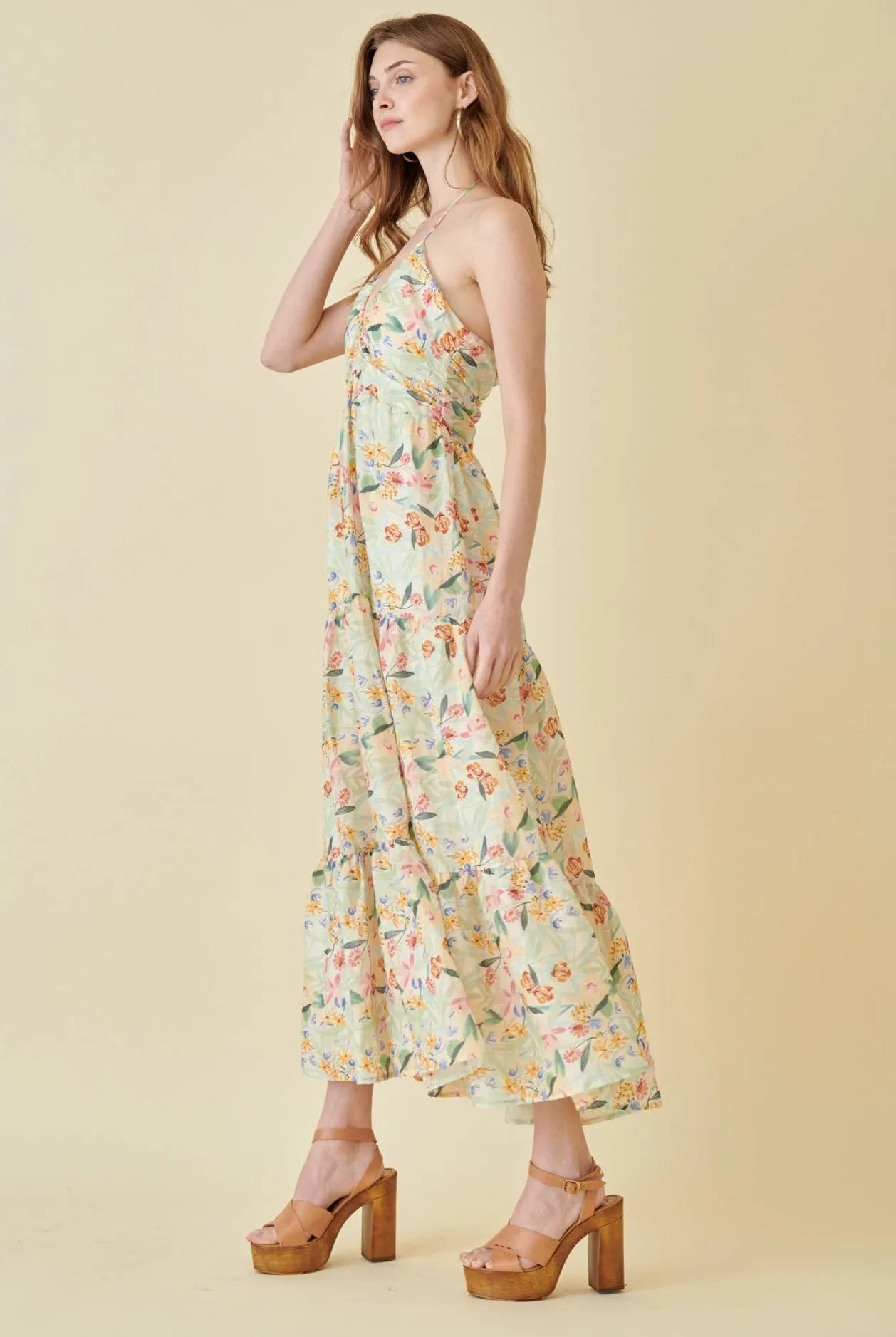 Fore- Watercolor Halter Floral Maxi Sundress