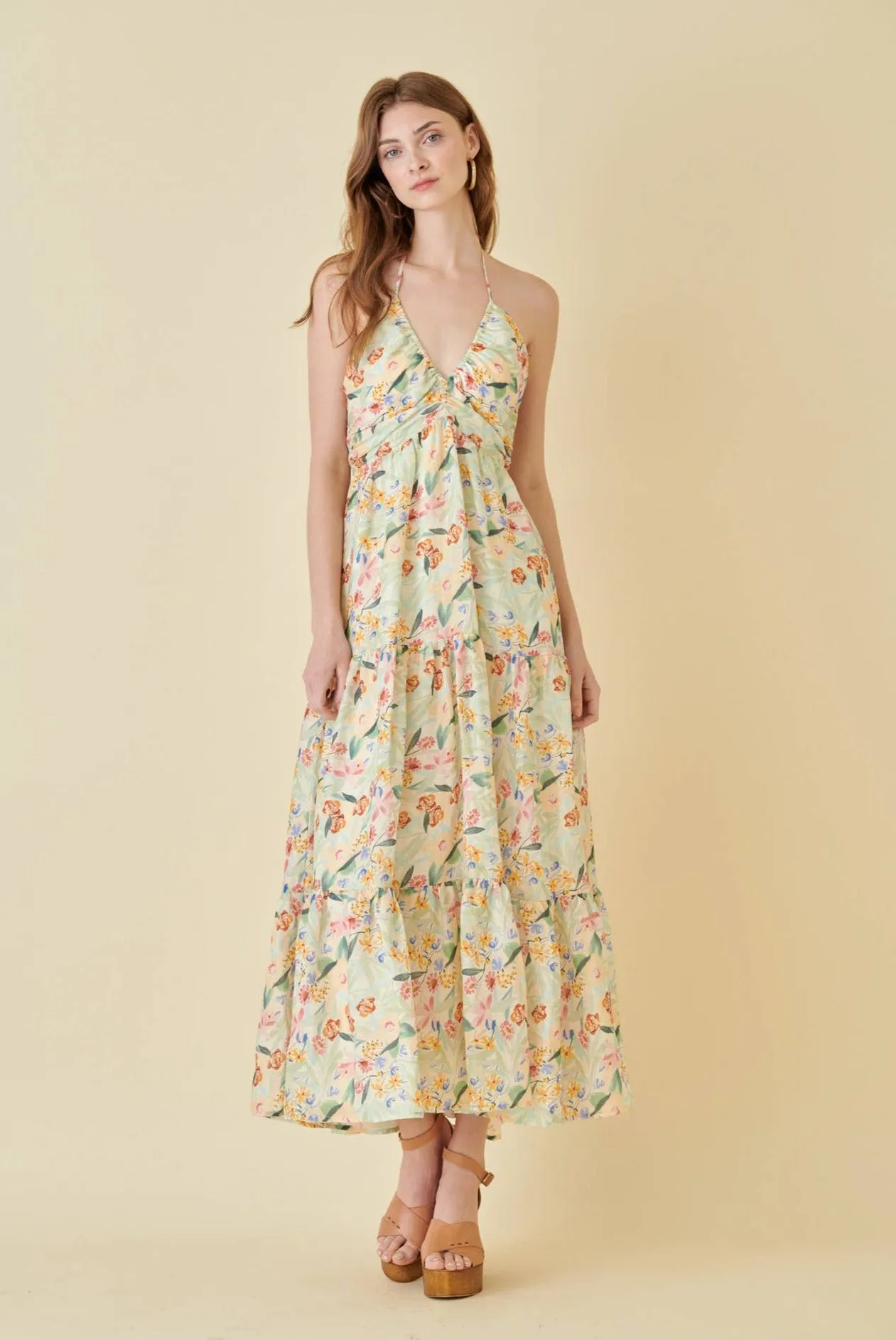 Fore- Watercolor Halter Floral Maxi Sundress