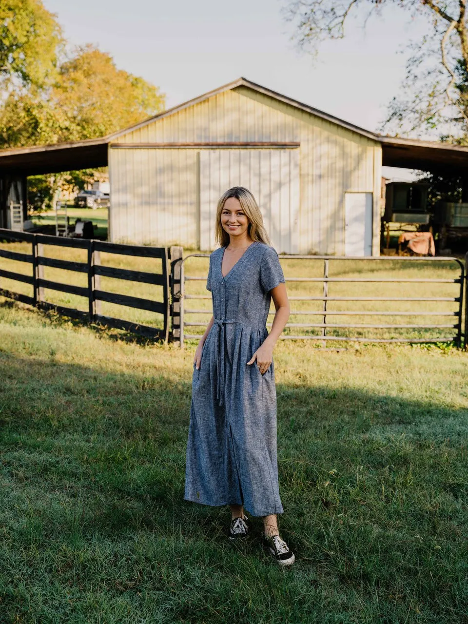 June Dress in Chambray Denim Linen