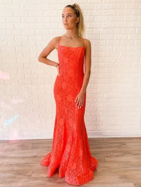 Mermaid Backless Orange Lace Long Prom Dresses, Mermaid Orange Formal Dresses, Orange Lace Evening Dresses