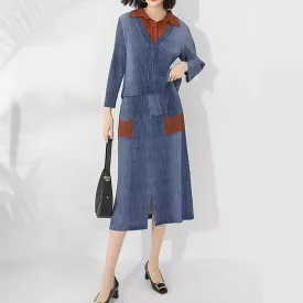 Miyake Pleated Long Sleeve Shirt and Midi Skirt Set