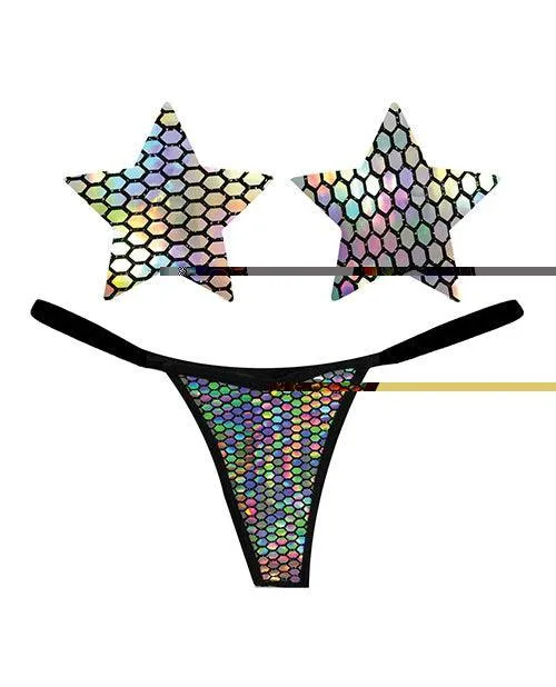 'neva Nude Naughty Knix Mirrored Mayhem Holographic G-string & Pasties - Black O/s