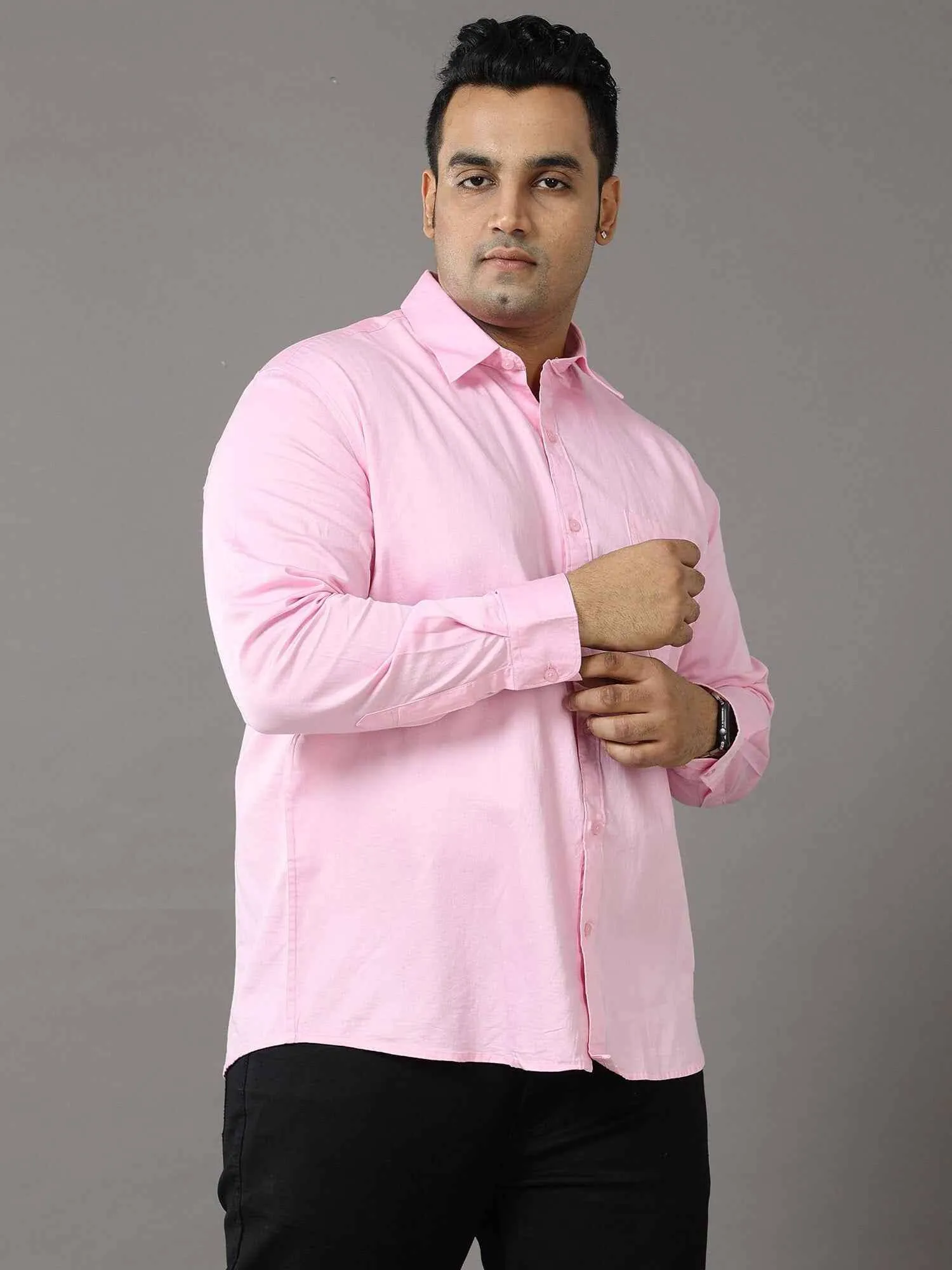 Pink Solid Pure Cotton Shirt Men's Plus Size