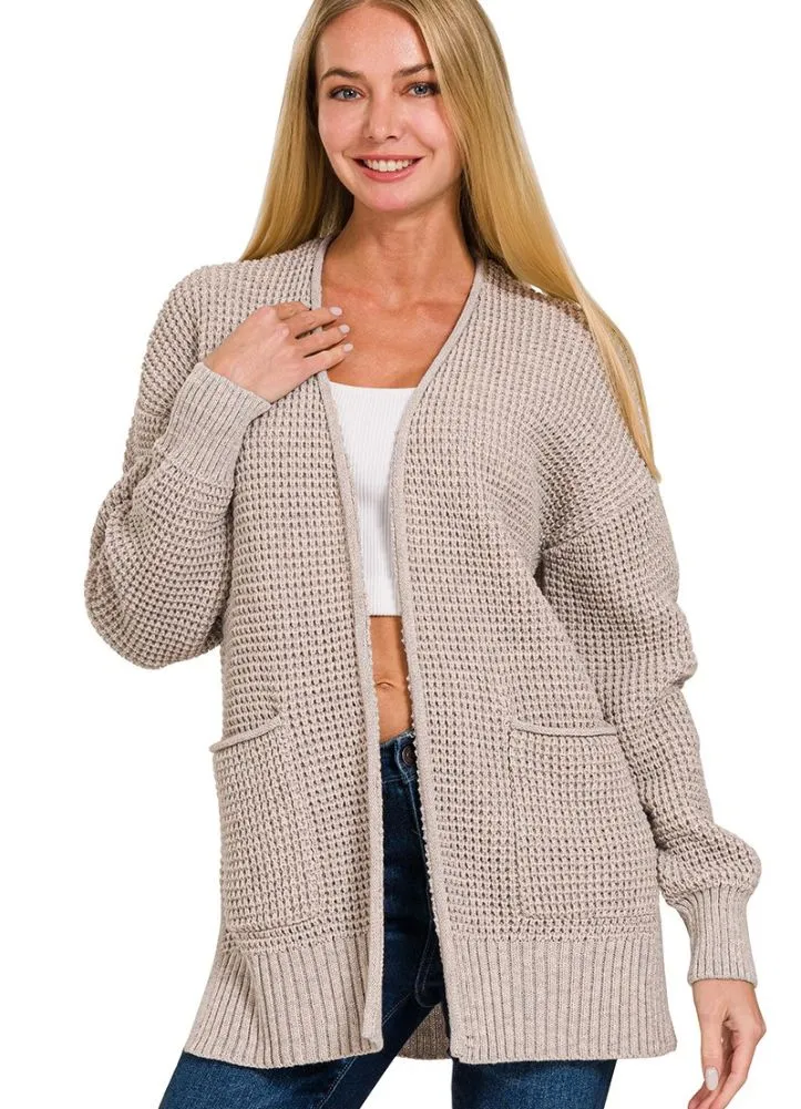 Waffle Open Cardigan Sweater in Heather Mocha by Zenana