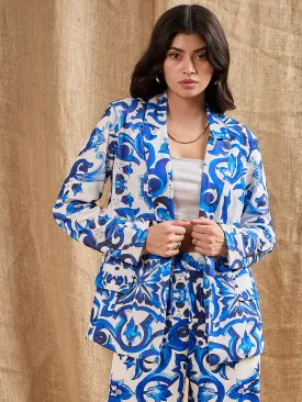 Women Blue Floral Printed Shawl Collar Blazer